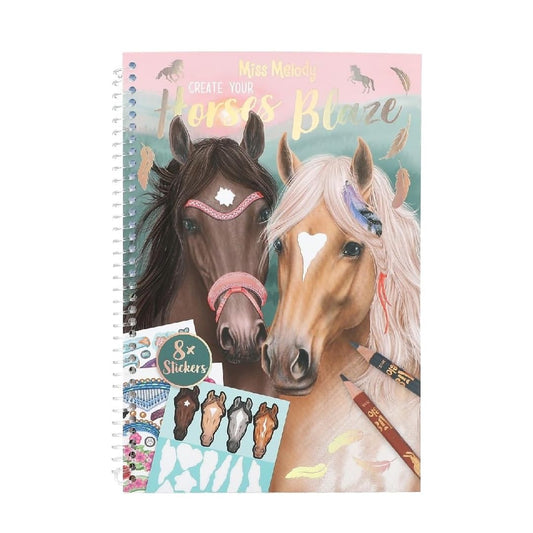 Depesche 12964 Miss Melody Create Your Horses Blaze Colouring Book with 36 Pages for Designing Different Horse Motifs, Ring Binder with 8 Sticker Sheets