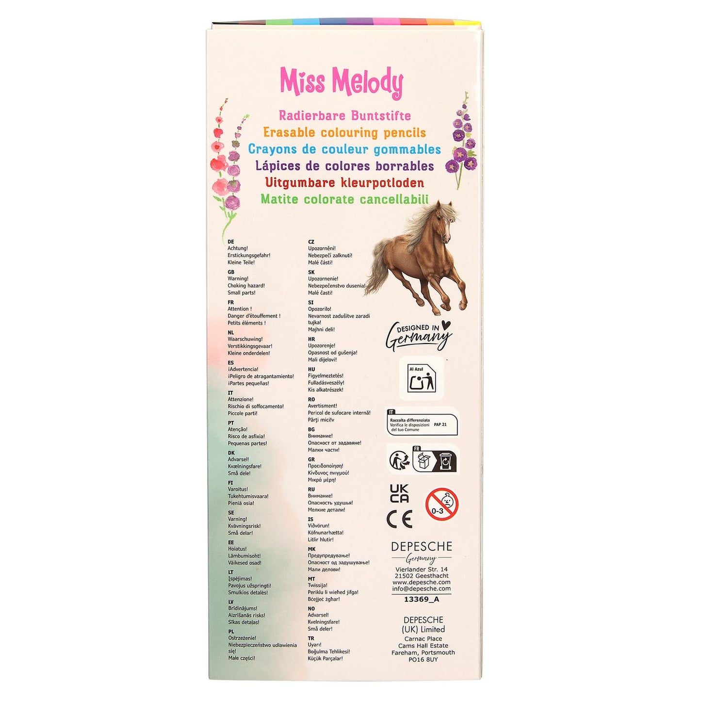 Depesche Miss Melody 13369 Colouring Pencils Set with 10 Colours in Case with Eraser Topper on Each Pen, for Colouring at School and Leisure