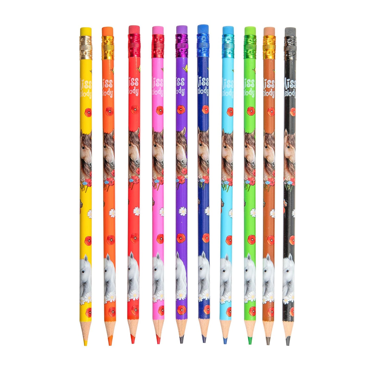 Depesche Miss Melody 13369 Colouring Pencils Set with 10 Colours in Case with Eraser Topper on Each Pen, for Colouring at School and Leisure
