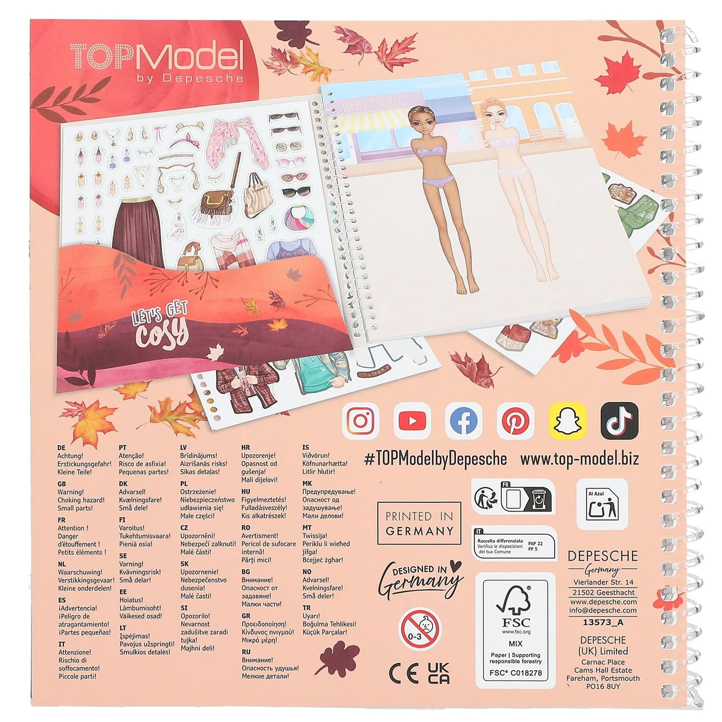 Depesche 13573 TOPModel Cosy-Book 24 Preprinted Pages to Create Outfits, Including 11 Sheets of Stickers, Paper, Multicolour, One Size