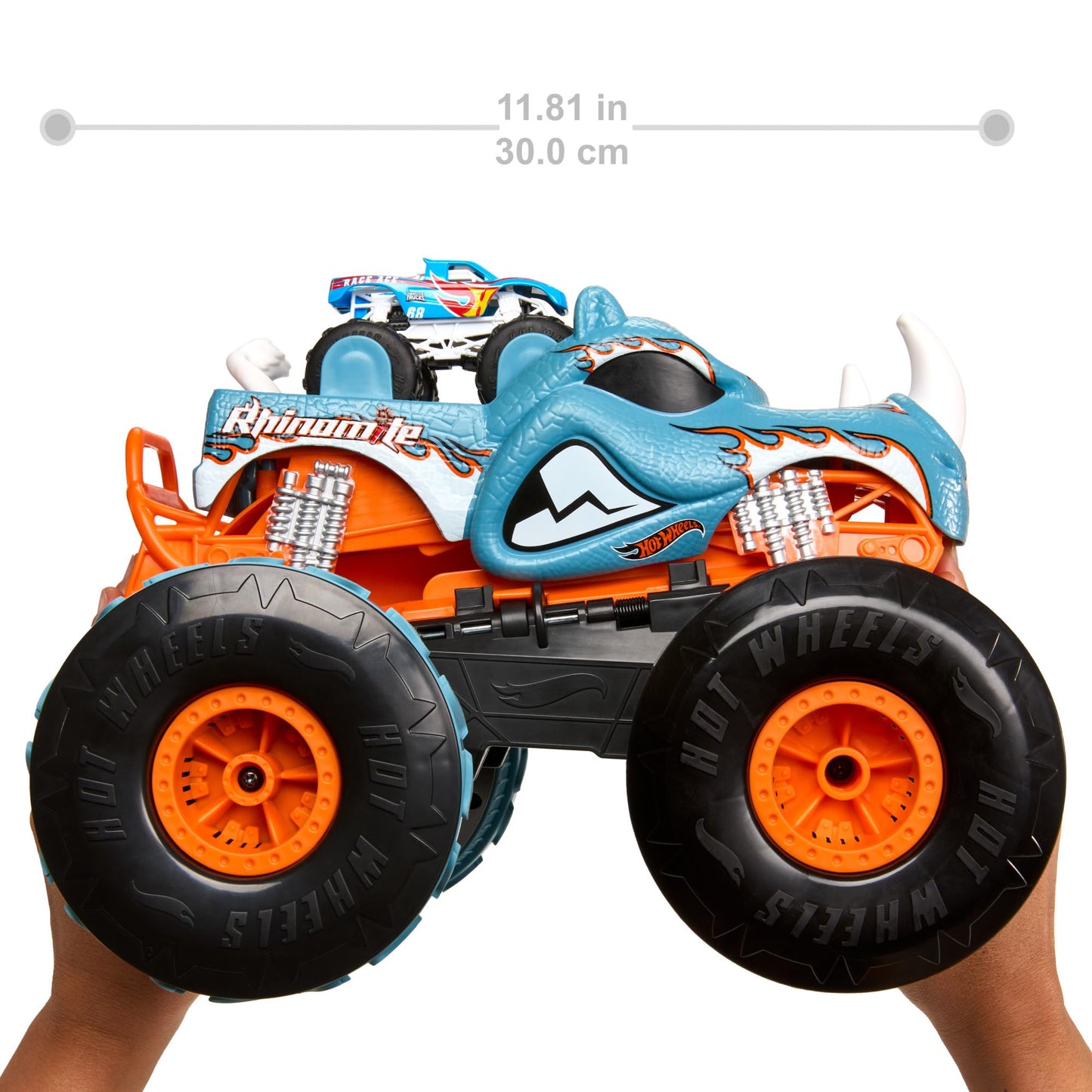 Hot Wheels Monster Trucks Remote Control Car, HW Transforming Rhinomite in 1:12 Scale with 1:64 Scale Race Ace Toy Truck, Converts into Launcher, Connects to Orange Track, HPK27