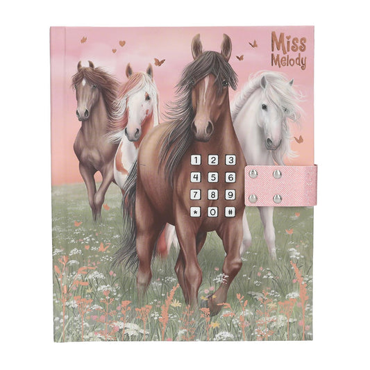 Depesche Miss Melody 13236 Diary with Number Code and Sound, Book in Pink and Green, with Horse Motif and 80 Lined and Colourful Illustrated Pages