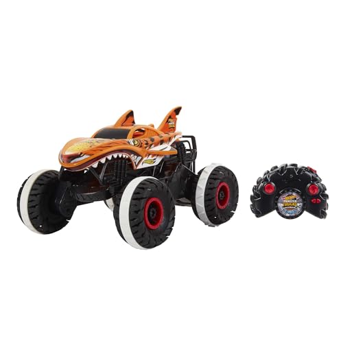 Hot Wheels Monster Trucks Remote Control Car, Unstoppable Tiger Shark with Tread Attack Tires and Terrain Stomp Technology, 1:15 Scale, Toys for Ages 4 and Up, HGV87