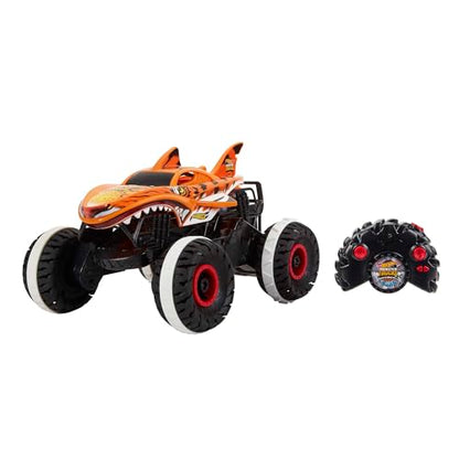 Hot Wheels Monster Trucks Remote Control Car, Unstoppable Tiger Shark with Tread Attack Tires and Terrain Stomp Technology, 1:15 Scale, Toys for Ages 4 and Up, HGV87