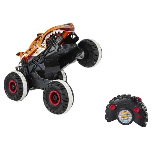 Hot Wheels Monster Trucks Remote Control Car, Unstoppable Tiger Shark with Tread Attack Tires and Terrain Stomp Technology, 1:15 Scale, Toys for Ages 4 and Up, HGV87