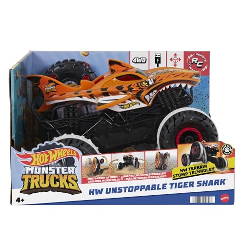 Hot Wheels Monster Trucks Remote Control Car, Unstoppable Tiger Shark with Tread Attack Tires and Terrain Stomp Technology, 1:15 Scale, Toys for Ages 4 and Up, HGV87