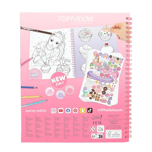 Depesche TOPModel Cake & Bake 13386 Colouring Book with Sequins, with 32 Pages for Designing Model and Baking Motifs, Includes 5 Sticker Sheets