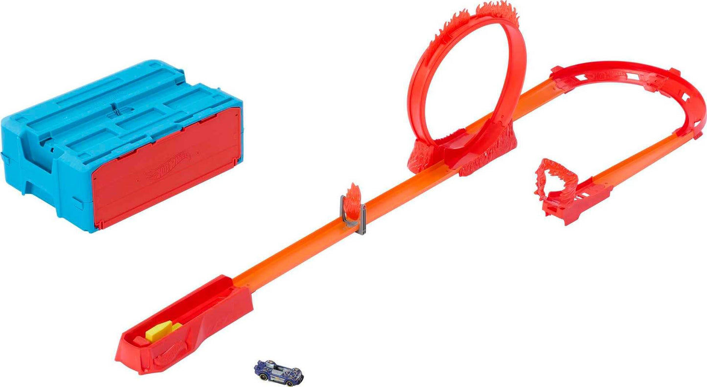 Hot Wheels Toy Car Track Set, Track Builder Playset Flame Stunt Pack with 16 Component Parts & 1:64 Scale Vehicle in Modular Storage Container, HMC04