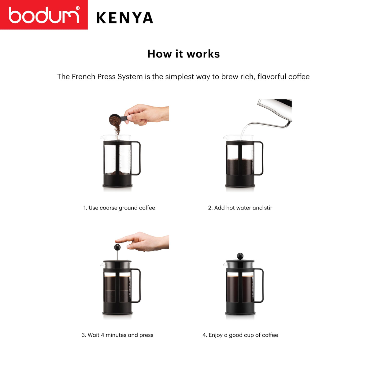 Bodum KENYA French Press Coffee Maker, 500ml / 4 Cup Cafetière with Heat-Resistant Borosilicate Glass, Reusable Stainless-Steel Filter and Protective Plastic Frame, Black, 1784-01