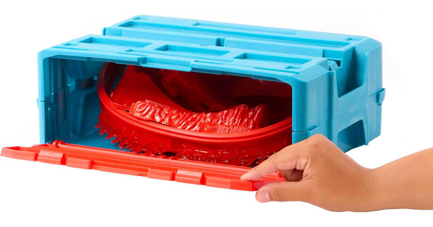 Hot Wheels Toy Car Track Set, Track Builder Playset Flame Stunt Pack with 16 Component Parts & 1:64 Scale Vehicle in Modular Storage Container, HMC04