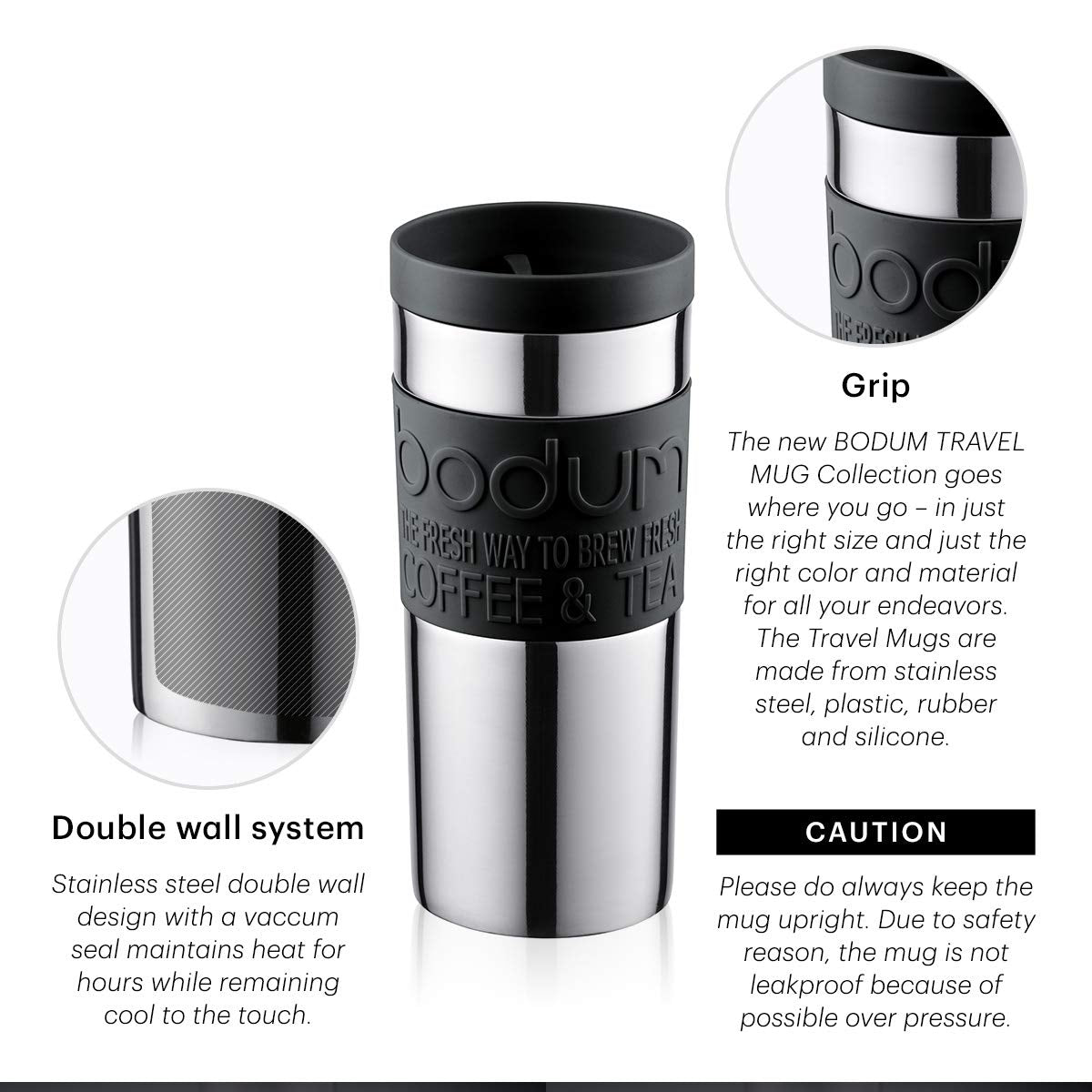 BODUM 11093-01 Screw-Top Vacuum Stainless Steel Travel Mug, 0.35 L - Small, Black, 1 Count (Pack of 1)