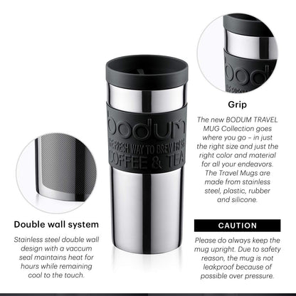 BODUM 11093-01 Screw-Top Vacuum Stainless Steel Travel Mug, 0.35 L - Small, Black, 1 Count (Pack of 1)