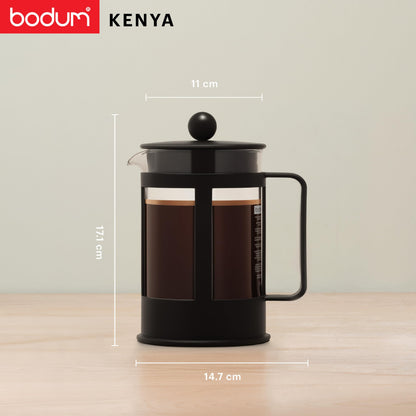 Bodum KENYA French Press Coffee Maker, 500ml / 4 Cup Cafetière with Heat-Resistant Borosilicate Glass, Reusable Stainless-Steel Filter and Protective Plastic Frame, Black, 1784-01