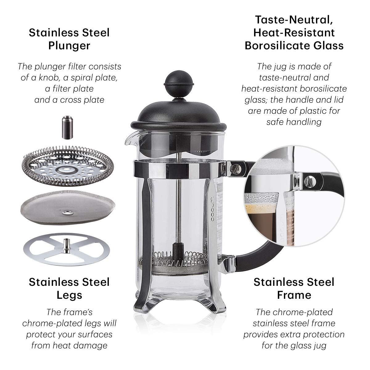 BODUM 1913-01 Caffettiera 3 Cup French Press Coffee Maker, Black, 0.35 l, 12 oz