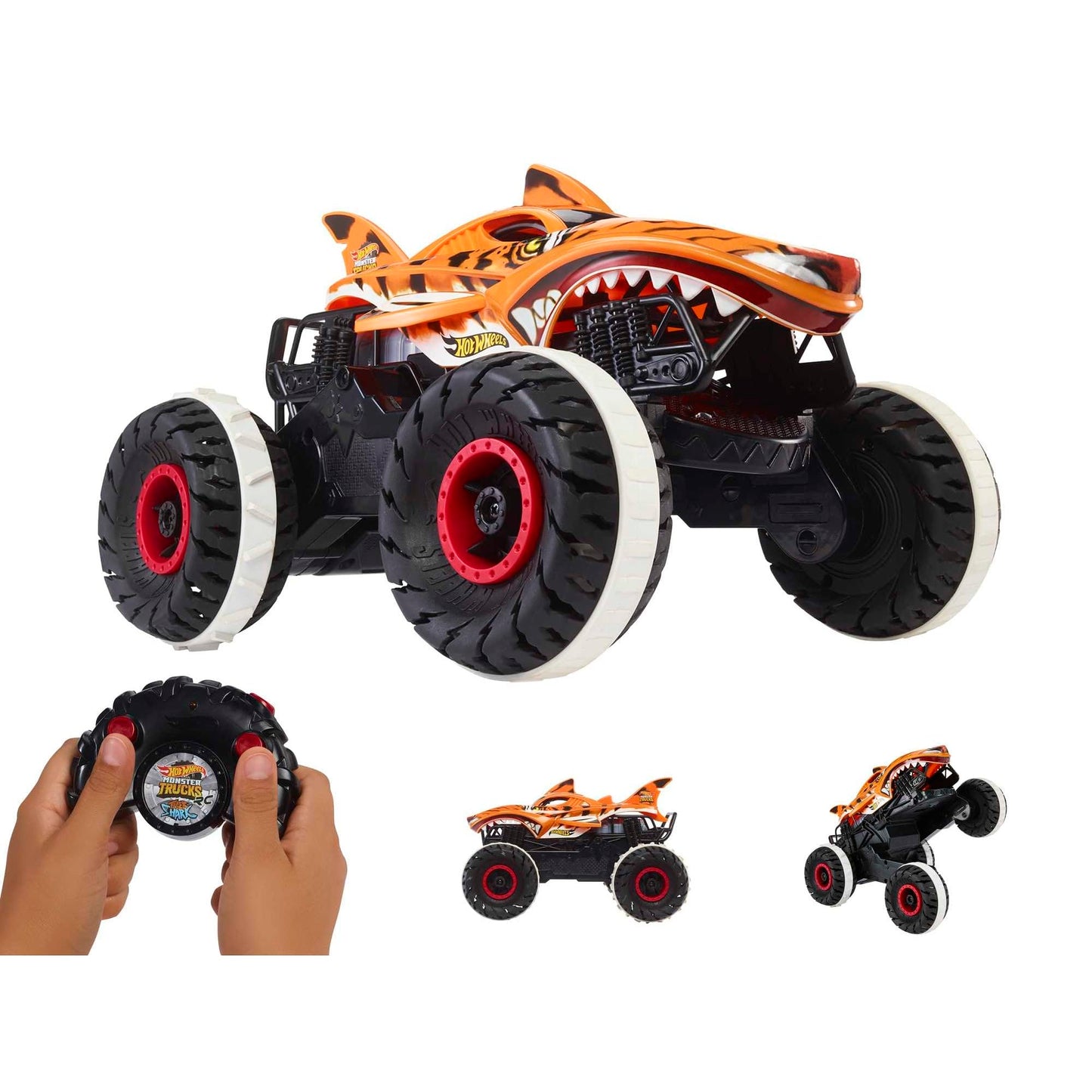 Hot Wheels Monster Trucks Remote Control Car, Unstoppable Tiger Shark with Tread Attack Tires and Terrain Stomp Technology, 1:15 Scale, Toys for Ages 4 and Up, HGV87
