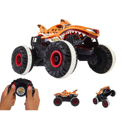 Hot Wheels Monster Trucks Remote Control Car, Unstoppable Tiger Shark with Tread Attack Tires and Terrain Stomp Technology, 1:15 Scale, Toys for Ages 4 and Up, HGV87
