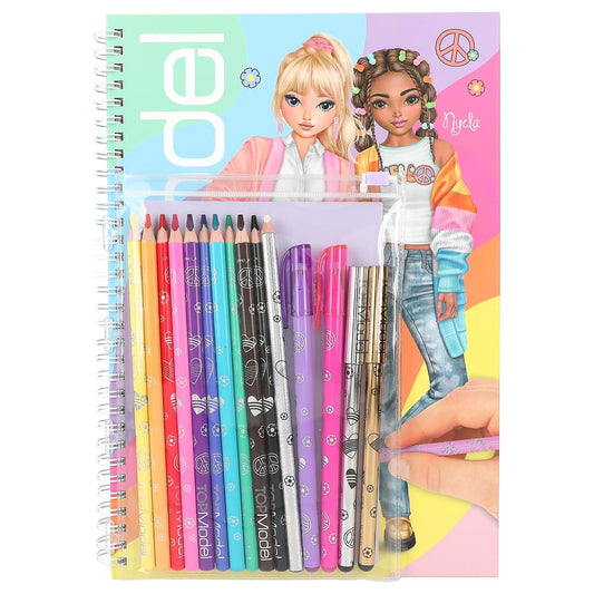 Depesche TOPModel 12943 Colouring Book Set with 76 Pages for Designing Model Motifs, Includes Colouring Template, Sticker Sheet, Pens and Much More