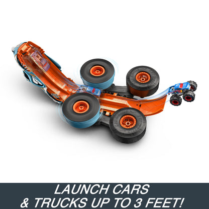 Hot Wheels Monster Trucks Remote Control Car, HW Transforming Rhinomite in 1:12 Scale with 1:64 Scale Race Ace Toy Truck, Converts into Launcher, Connects to Orange Track, HPK27