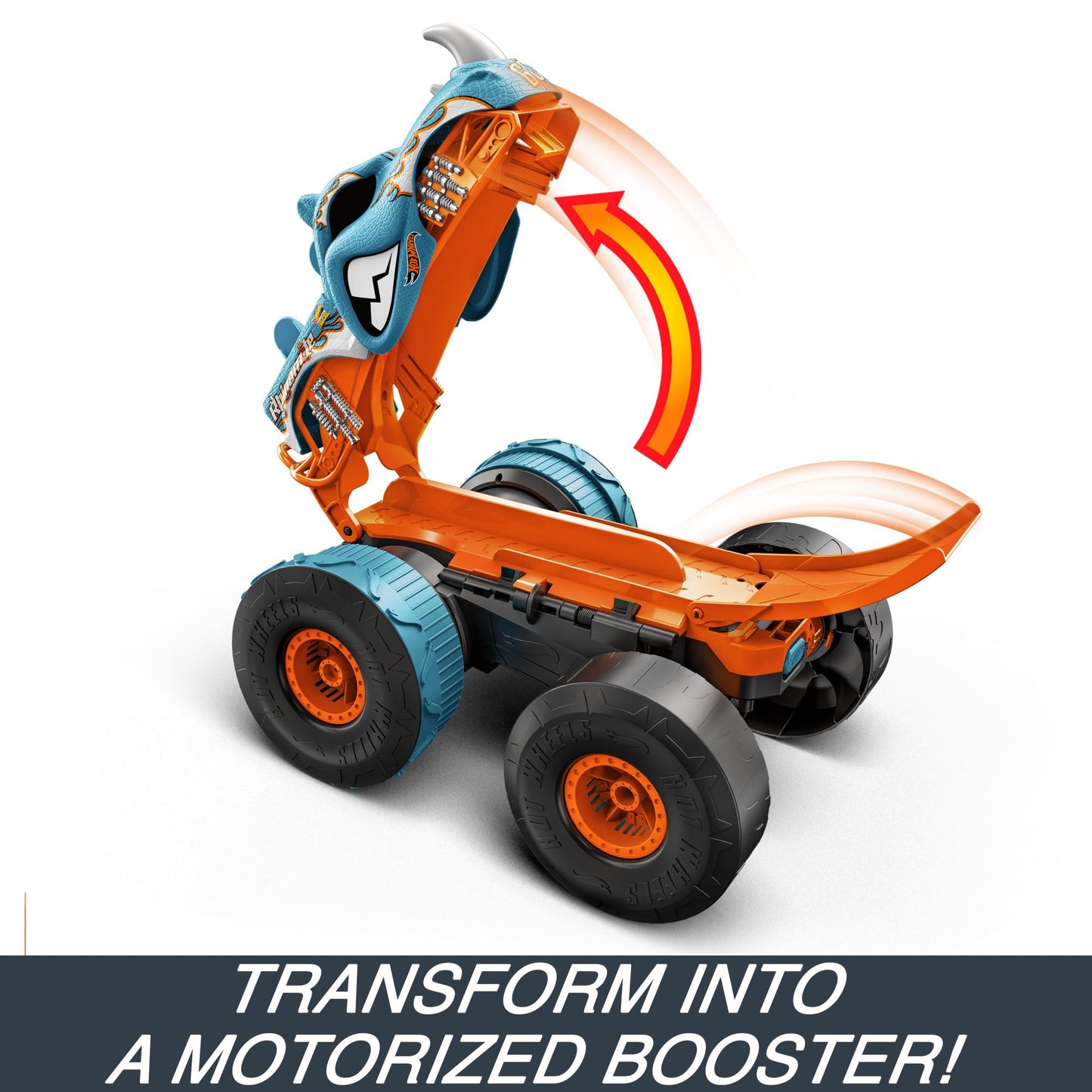 Hot Wheels Monster Trucks Remote Control Car, HW Transforming Rhinomite in 1:12 Scale with 1:64 Scale Race Ace Toy Truck, Converts into Launcher, Connects to Orange Track, HPK27