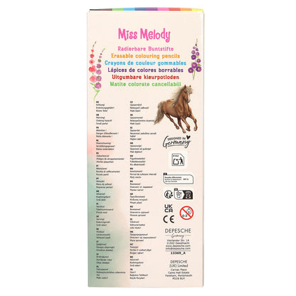 Depesche Miss Melody 13369 Colouring Pencils Set with 10 Colours in Case with Eraser Topper on Each Pen, for Colouring at School and Leisure