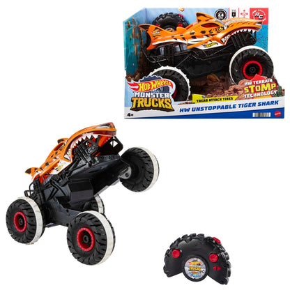 Hot Wheels Monster Trucks Remote Control Car, Unstoppable Tiger Shark with Tread Attack Tires and Terrain Stomp Technology, 1:15 Scale, Toys for Ages 4 and Up, HGV87