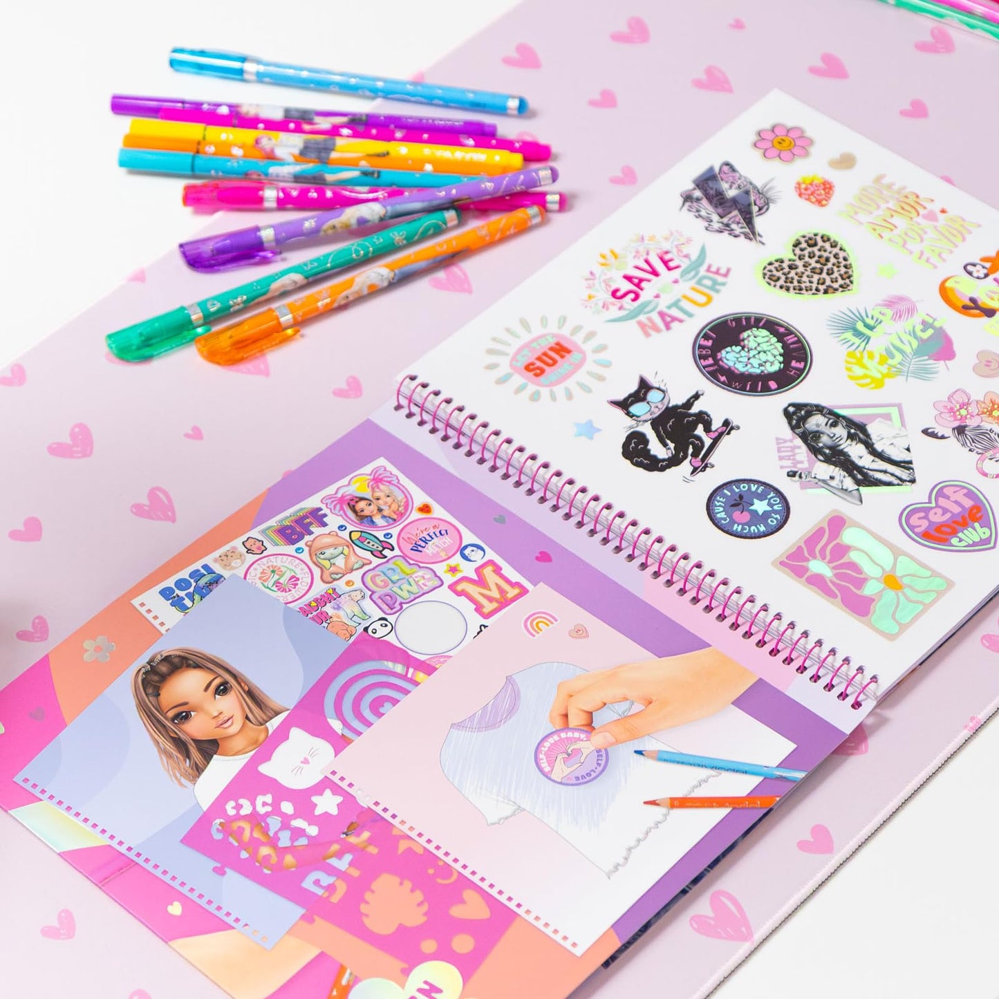 Depesche 13585 TOPModel T-Shirt Designer Colouring Book Set with 60 Pre-Printed Pages for Designing T-Shirts, Includes 2 Sticker Sheets, Stencil and Colouring Pages