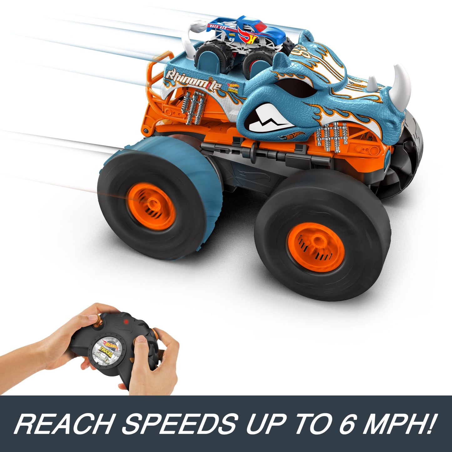 Hot Wheels Monster Trucks Remote Control Car, HW Transforming Rhinomite in 1:12 Scale with 1:64 Scale Race Ace Toy Truck, Converts into Launcher, Connects to Orange Track, HPK27