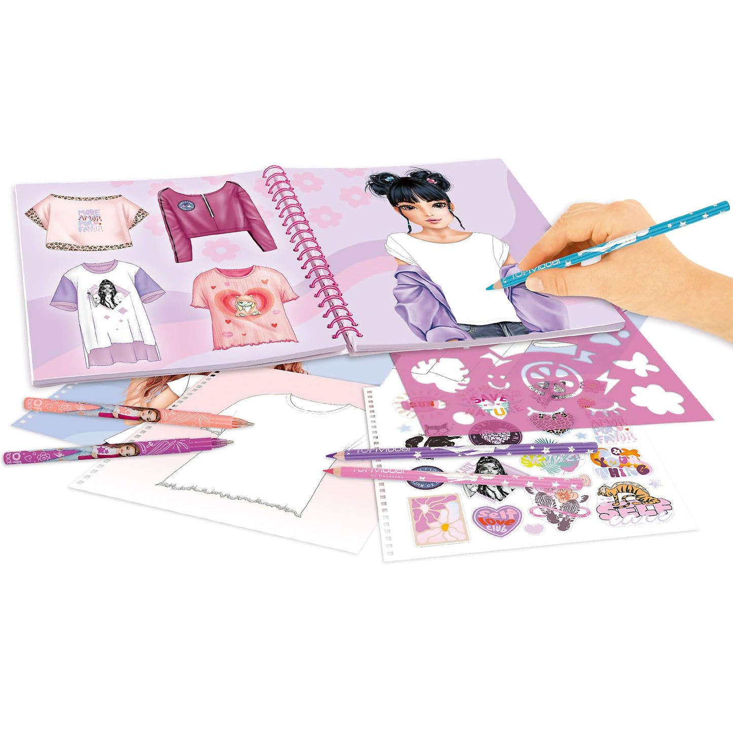 Depesche 13585 TOPModel T-Shirt Designer Colouring Book Set with 60 Pre-Printed Pages for Designing T-Shirts, Includes 2 Sticker Sheets, Stencil and Colouring Pages