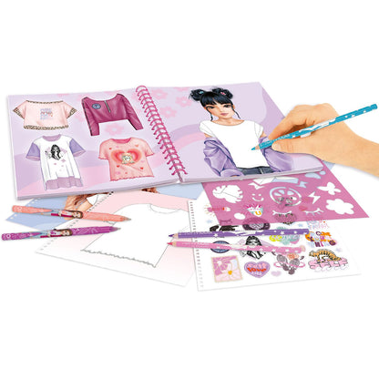 Depesche 13585 TOPModel T-Shirt Designer Colouring Book Set with 60 Pre-Printed Pages for Designing T-Shirts, Includes 2 Sticker Sheets, Stencil and Colouring Pages