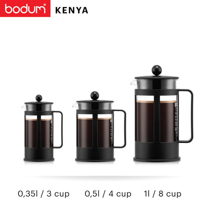 Bodum KENYA French Press Coffee Maker, 500ml / 4 Cup Cafetière with Heat-Resistant Borosilicate Glass, Reusable Stainless-Steel Filter and Protective Plastic Frame, Black, 1784-01