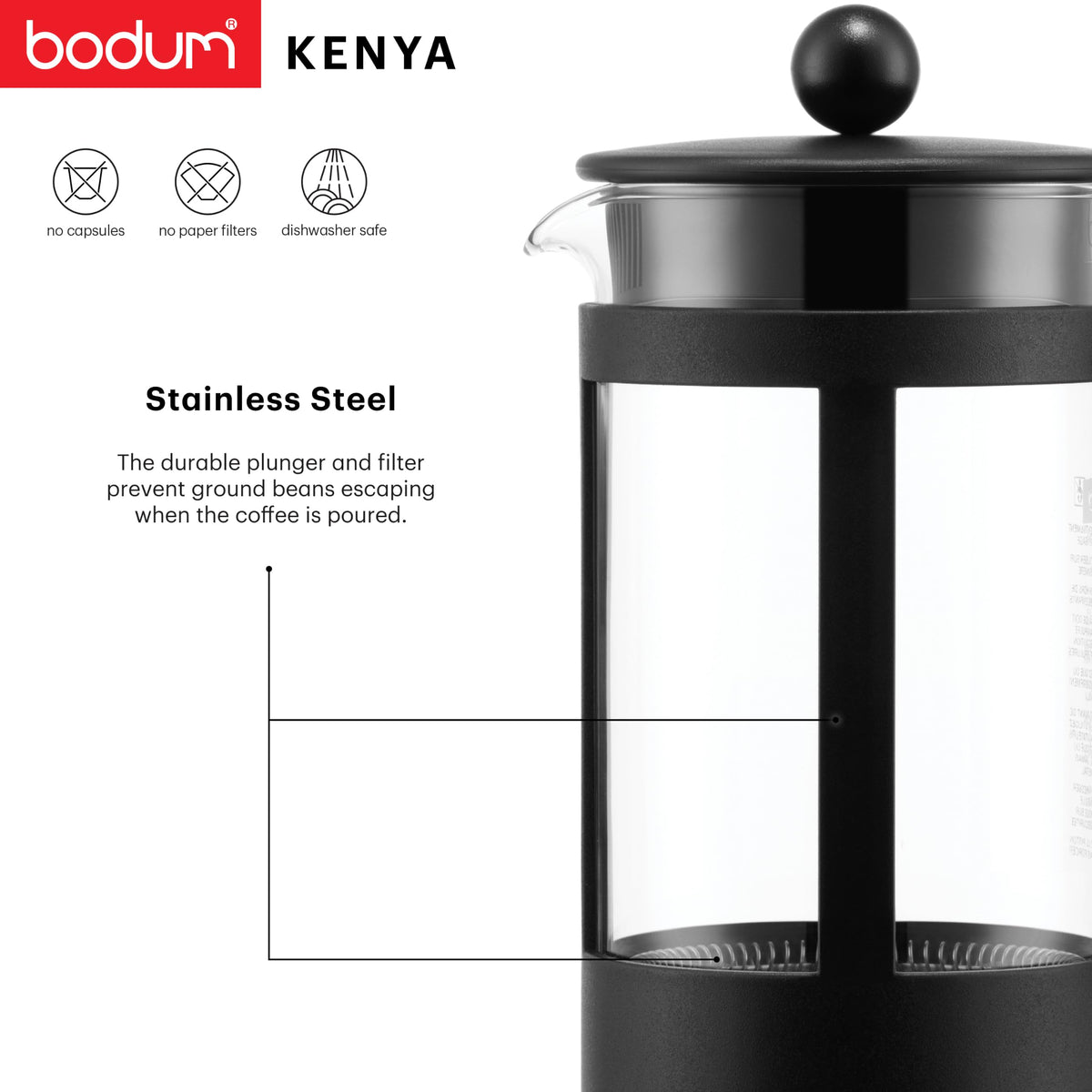 Bodum KENYA French Press Coffee Maker, 500ml / 4 Cup Cafetière with Heat-Resistant Borosilicate Glass, Reusable Stainless-Steel Filter and Protective Plastic Frame, Black, 1784-01