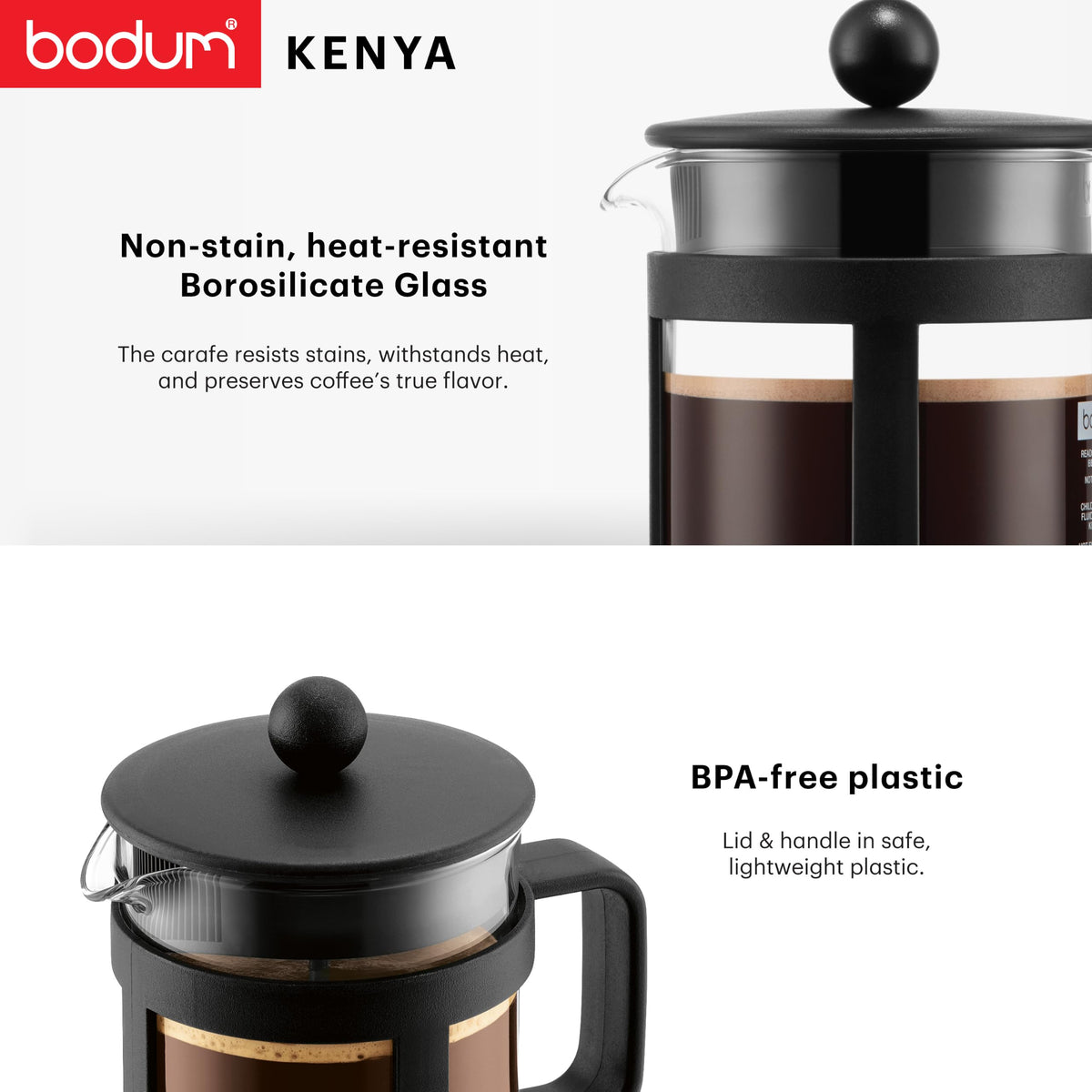 Bodum KENYA French Press Coffee Maker, 500ml / 4 Cup Cafetière with Heat-Resistant Borosilicate Glass, Reusable Stainless-Steel Filter and Protective Plastic Frame, Black, 1784-01