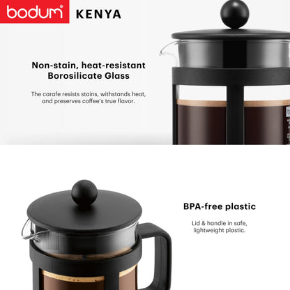Bodum KENYA French Press Coffee Maker, 500ml / 4 Cup Cafetière with Heat-Resistant Borosilicate Glass, Reusable Stainless-Steel Filter and Protective Plastic Frame, Black, 1784-01