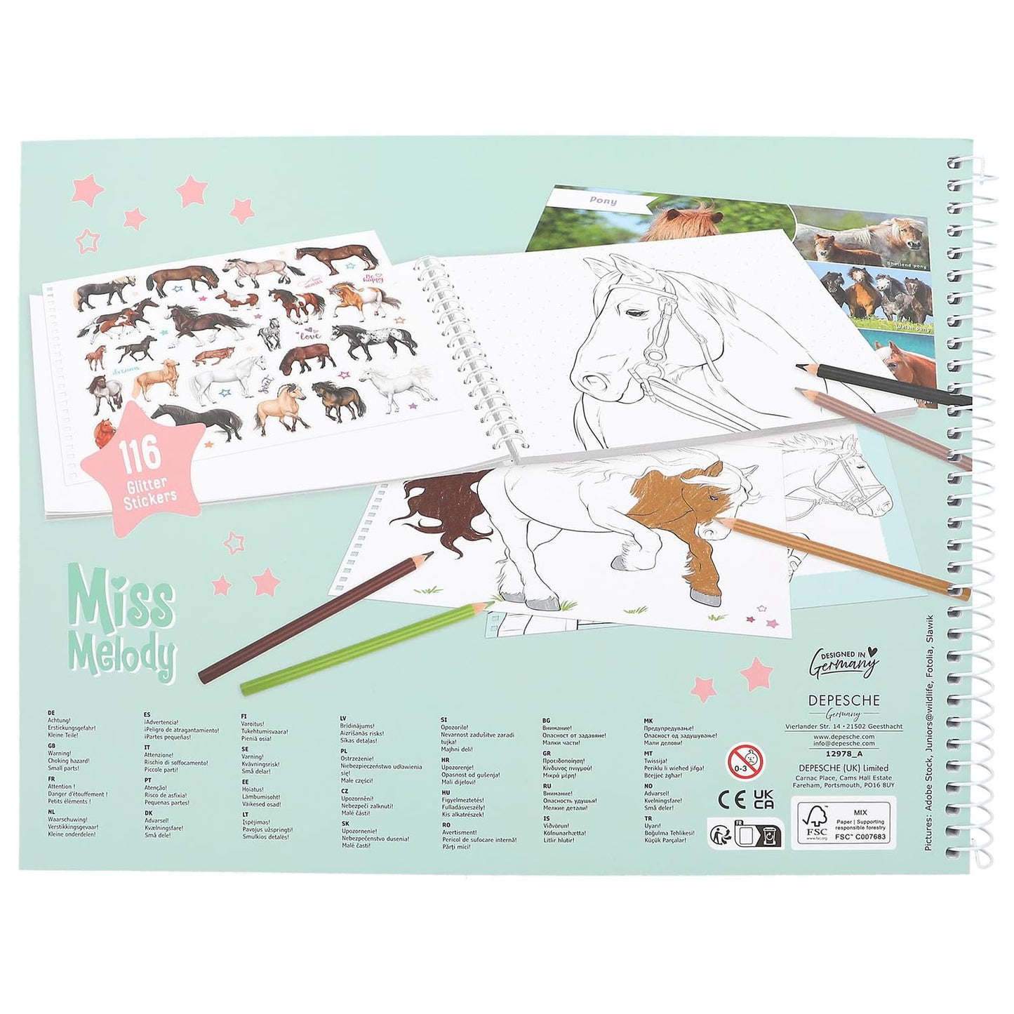 Depesche Miss Melody 12978 Colouring Book with 44 Pages for Creating Horse Motifs Includes Sticker Sheet