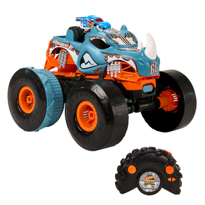 Hot Wheels Monster Trucks Remote Control Car, HW Transforming Rhinomite in 1:12 Scale with 1:64 Scale Race Ace Toy Truck, Converts into Launcher, Connects to Orange Track, HPK27