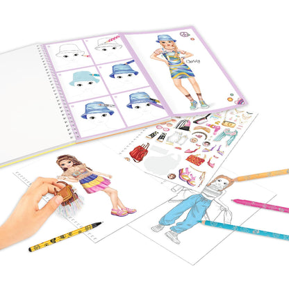 Depesche TOPModel 12943 Colouring Book Set with 76 Pages for Designing Model Motifs, Includes Colouring Template, Sticker Sheet, Pens and Much More