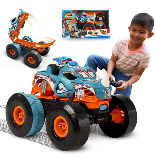 Hot Wheels Monster Trucks Remote Control Car, HW Transforming Rhinomite in 1:12 Scale with 1:64 Scale Race Ace Toy Truck, Converts into Launcher, Connects to Orange Track, HPK27