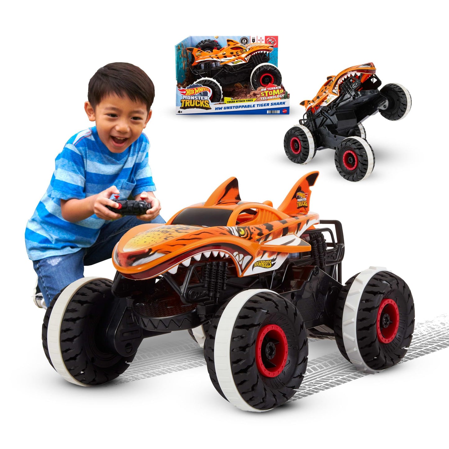 Hot Wheels Monster Trucks Remote Control Car, Unstoppable Tiger Shark with Tread Attack Tires and Terrain Stomp Technology, 1:15 Scale, Toys for Ages 4 and Up, HGV87