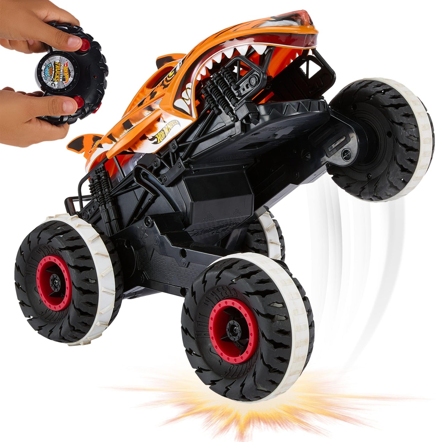 Hot Wheels Monster Trucks Remote Control Car, Unstoppable Tiger Shark with Tread Attack Tires and Terrain Stomp Technology, 1:15 Scale, Toys for Ages 4 and Up, HGV87
