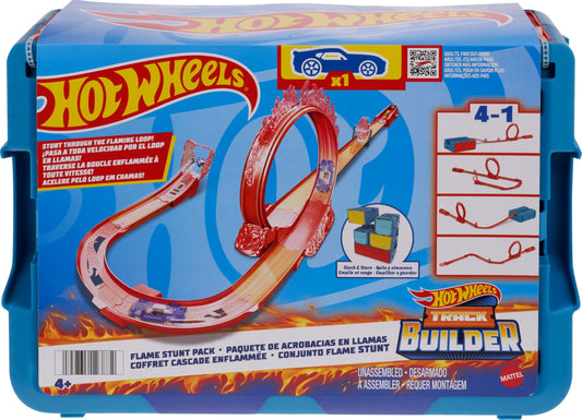 Hot Wheels Toy Car Track Set, Track Builder Playset Flame Stunt Pack with 16 Component Parts & 1:64 Scale Vehicle in Modular Storage Container, HMC04