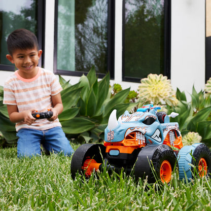 Hot Wheels Monster Trucks Remote Control Car, HW Transforming Rhinomite in 1:12 Scale with 1:64 Scale Race Ace Toy Truck, Converts into Launcher, Connects to Orange Track, HPK27