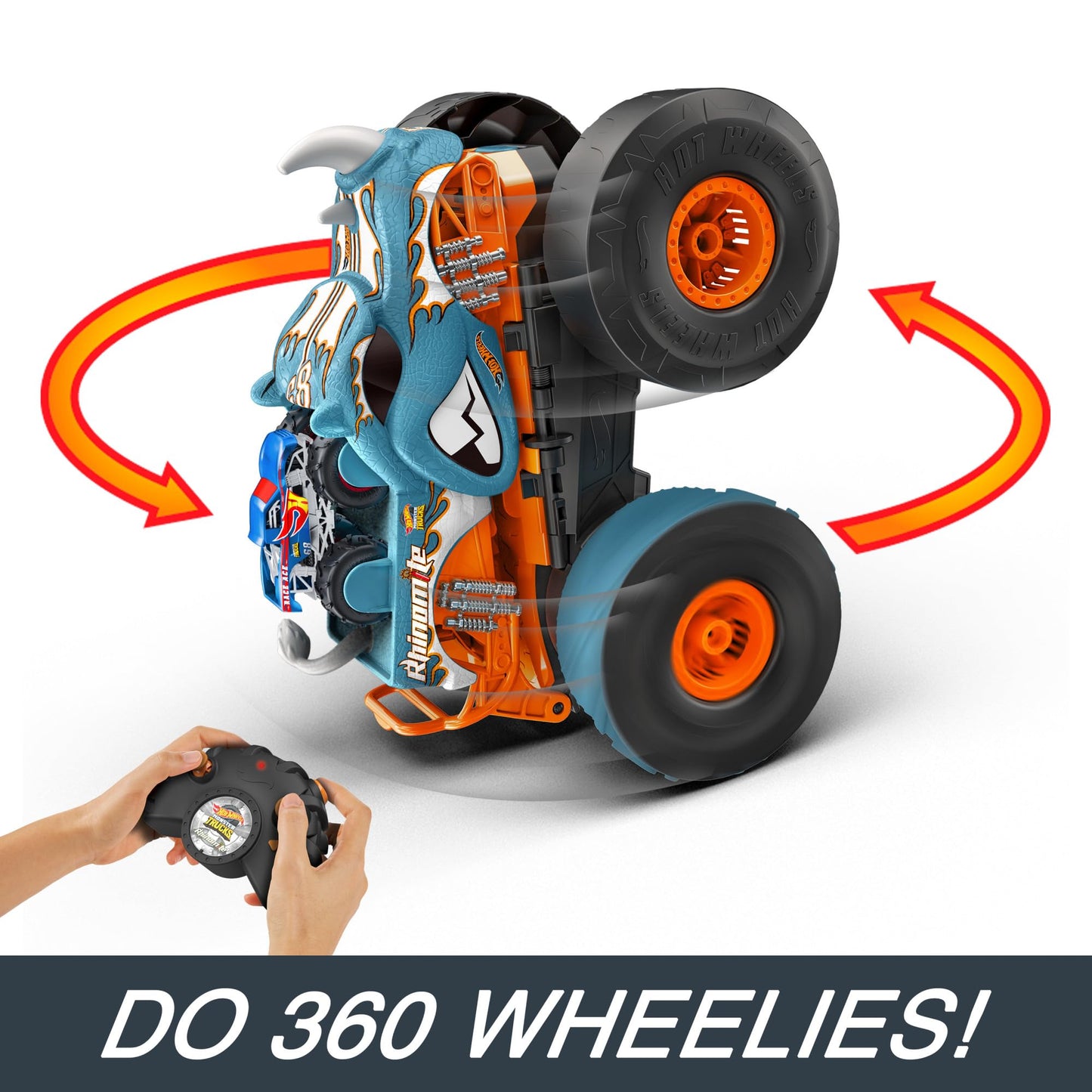Hot Wheels Monster Trucks Remote Control Car, HW Transforming Rhinomite in 1:12 Scale with 1:64 Scale Race Ace Toy Truck, Converts into Launcher, Connects to Orange Track, HPK27