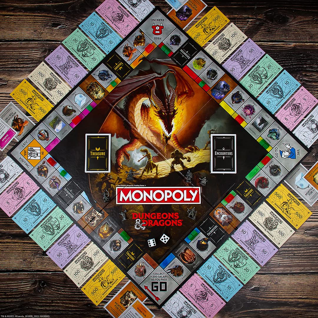 Winning Moves Dungeons and Dragons Monopoly Board Game, Play with monsters such as Beholder, Storm Giant and Demogorgon, Advance to Death Knight, Red Dragon and Lich, 2-6 player game for ages 12 plus