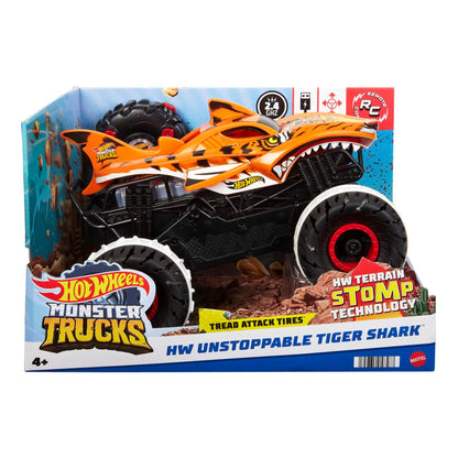 Hot Wheels Monster Trucks Remote Control Car, Unstoppable Tiger Shark with Tread Attack Tires and Terrain Stomp Technology, 1:15 Scale, Toys for Ages 4 and Up, HGV87